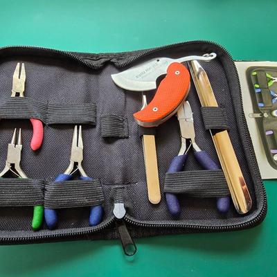 Mini tool set - Jewlery making piler kit in black zippered storage case with Alaska mini ulu folding knife
