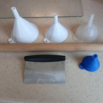 Kitchen needs Funnel assortment - Scraper / cutter tool - and a wooden rolling pin