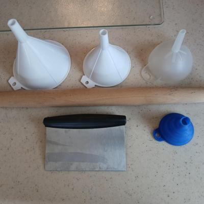 Kitchen needs Funnel assortment - Scraper / cutter tool - and a wooden rolling pin