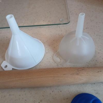 Kitchen needs Funnel assortment - Scraper / cutter tool - and a wooden rolling pin