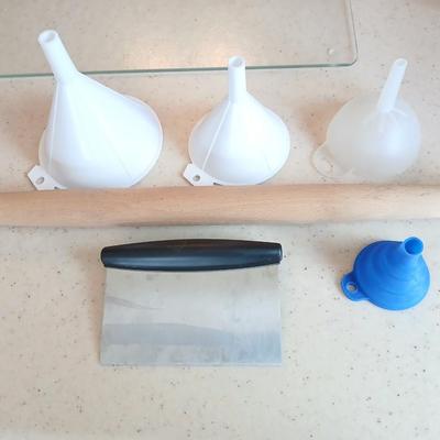 Kitchen needs Funnel assortment - Scraper / cutter tool - and a wooden rolling pin