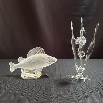 Lalique "Perche" Fish And A Dorofee Signed Glass Seahorse Figurine (O-KD)