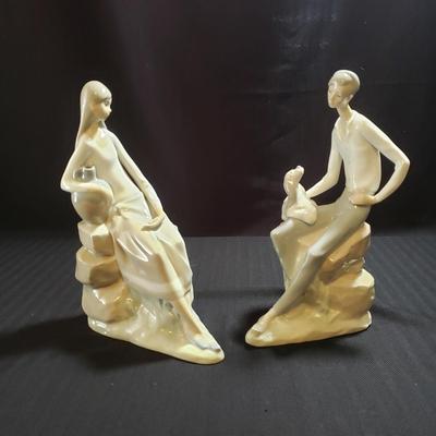 Nao by Lladro "Jewish Boy Petting Dog" & "Girl Sitting on Rocks with Jug" (O-KD)