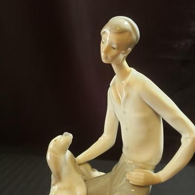 Nao by Lladro "Jewish Boy Petting Dog" & "Girl Sitting on Rocks with Jug" (O-KD)