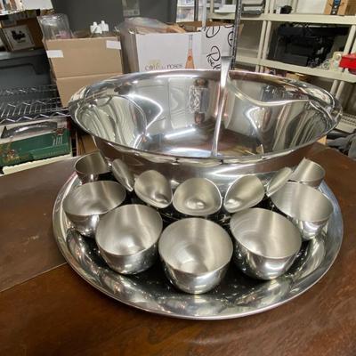 Kirk Steiff punch bowl, ladle, platter and cups