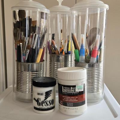 Paint Brushes and Set of 3 Holders, Gesso, Brush Cleaner, & Matte Gel