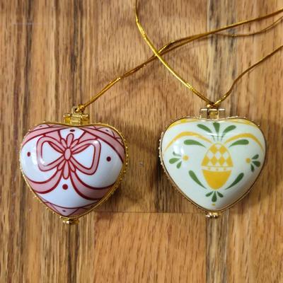 (2) New Porcelain Heart Box Ornaments (Pink & Yellow)