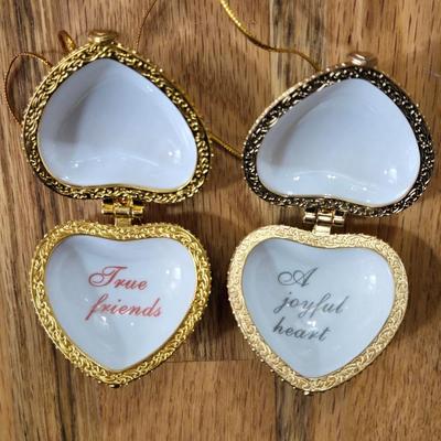 (2) New Porcelain Heart Box Ornaments (Pink & Yellow)