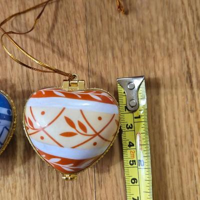 (2) New Porcelain Heart Shaped Box Ornaments (Blue & Orange)