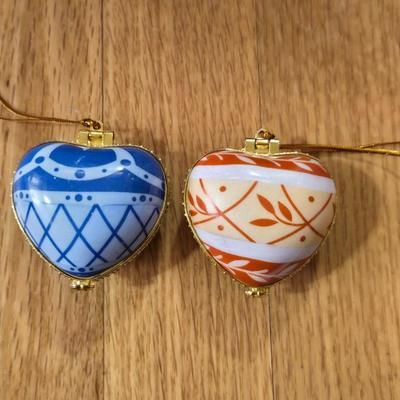 (2) New Porcelain Heart Shaped Box Ornaments (Blue & Orange)