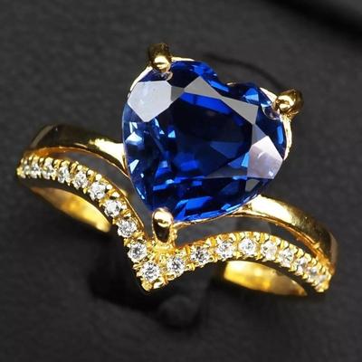 Vivid Blue Sapphire 3.70Ct Heart Rings in 925 Sterling Silver 24K Gold Overlay
