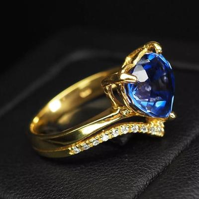 Vivid Blue Sapphire 3.70Ct Heart Rings in 925 Sterling Silver 24K Gold Overlay