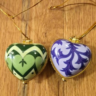 (2) New Porcelain Heart Box Ornaments (Purple & Green)