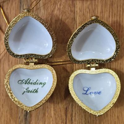 (2) New Porcelain Heart Box Ornaments (Purple & Green)