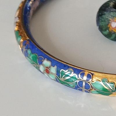 Vintage Cloisonne Bangle, Chinese Cloisonne Bangle bracelet with earrings and a trade bead