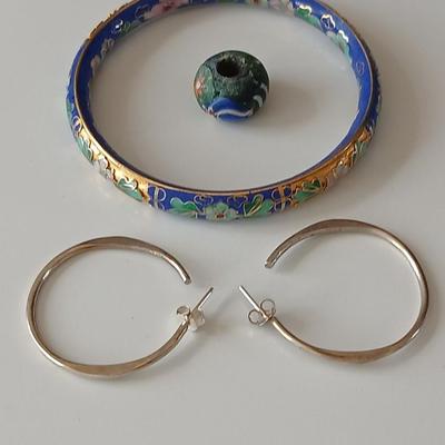 Vintage Cloisonne Bangle, Chinese Cloisonne Bangle bracelet with earrings and a trade bead