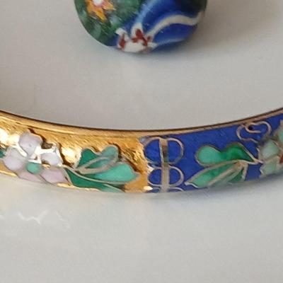 Vintage Cloisonne Bangle, Chinese Cloisonne Bangle bracelet with earrings and a trade bead