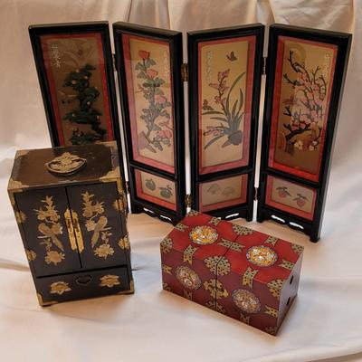 Two Asian Jewelry Boxes and Divider Screen (SR-EL)