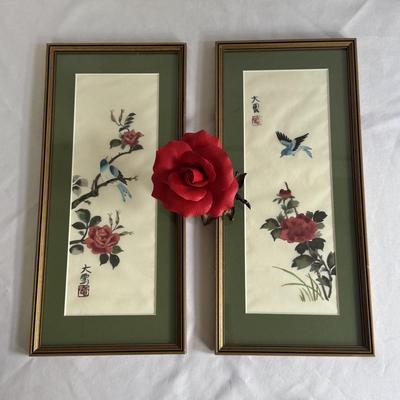 Two Silk Paintings w/ Boehm “Mr.Lincoln” Rose (GB-DZ)