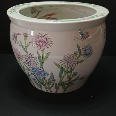 Large Chinese pink Bowl Planter Jardiniere Pot with Flowers Goldfish koi design -beautiful flowerpot