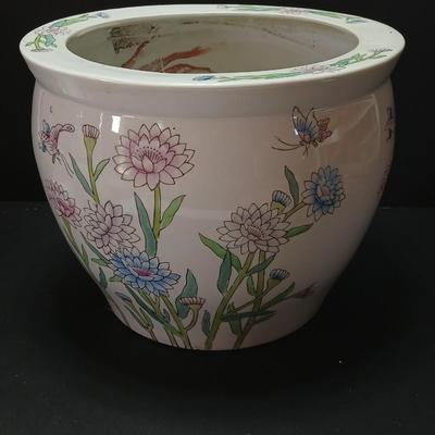 Large Chinese pink Bowl Planter Jardiniere Pot with Flowers Goldfish koi design -beautiful flowerpot