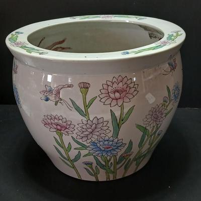 Large Chinese pink Bowl Planter Jardiniere Pot with Flowers Goldfish koi design -beautiful flowerpot
