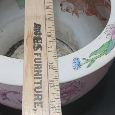 Large Chinese pink Bowl Planter Jardiniere Pot with Flowers Goldfish koi design -beautiful flowerpot