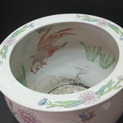 Large Chinese pink Bowl Planter Jardiniere Pot with Flowers Goldfish koi design -beautiful flowerpot