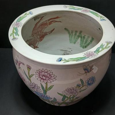 Large Chinese pink Bowl Planter Jardiniere Pot with Flowers Goldfish koi design -beautiful flowerpot