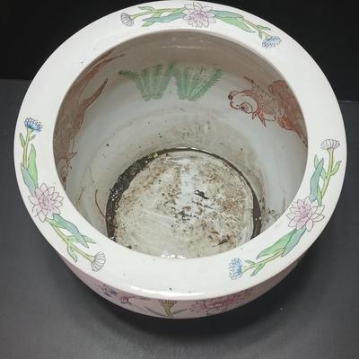 Large Chinese pink Bowl Planter Jardiniere Pot with Flowers Goldfish koi design -beautiful flowerpot