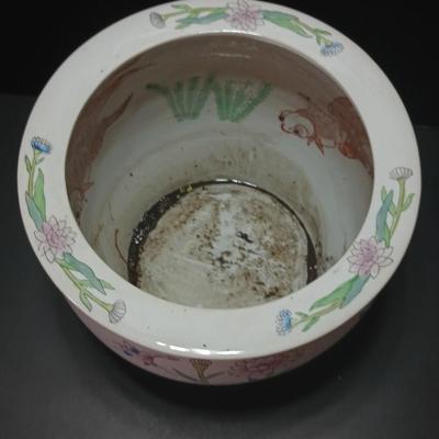 Large Chinese pink Bowl Planter Jardiniere Pot with Flowers Goldfish koi design -beautiful flowerpot