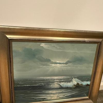 Stunning C Cliff original framed Ocean with sun breaking