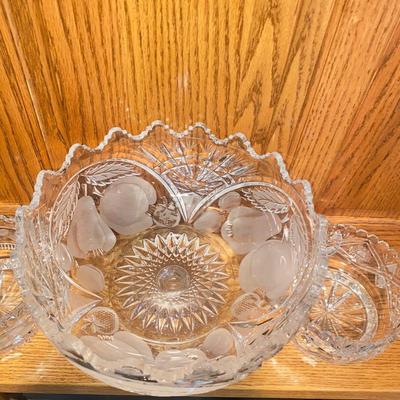 GLEAMING CUT LEAD CRYSTAL PEDESTAL BOWL & 2 CONDIMENT BOWLS