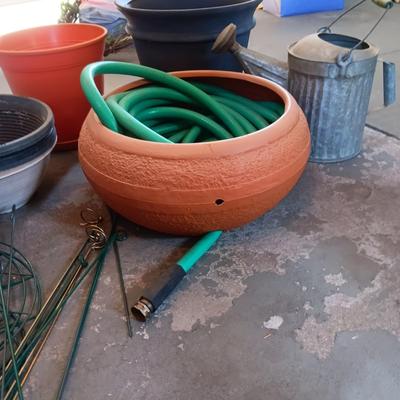 GALVANIZED WATERING CAN, FLOWER POTS, GARDEN HOSE HOLDER AND MORE