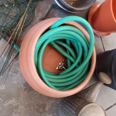 GALVANIZED WATERING CAN, FLOWER POTS, GARDEN HOSE HOLDER AND MORE