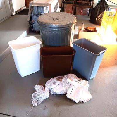 INDOOR AND OUTDOOR TRASH CANS AND A BAG OF RAGS