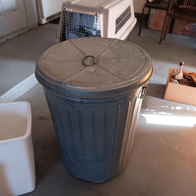 INDOOR AND OUTDOOR TRASH CANS AND A BAG OF RAGS