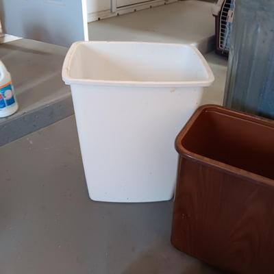 INDOOR AND OUTDOOR TRASH CANS AND A BAG OF RAGS