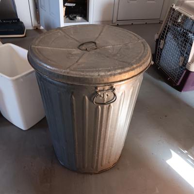 INDOOR AND OUTDOOR TRASH CANS AND A BAG OF RAGS