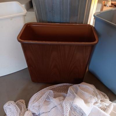 INDOOR AND OUTDOOR TRASH CANS AND A BAG OF RAGS