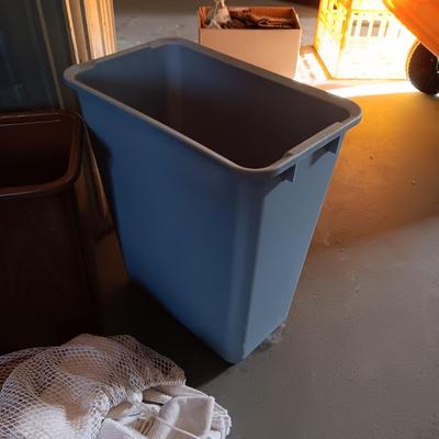 INDOOR AND OUTDOOR TRASH CANS AND A BAG OF RAGS