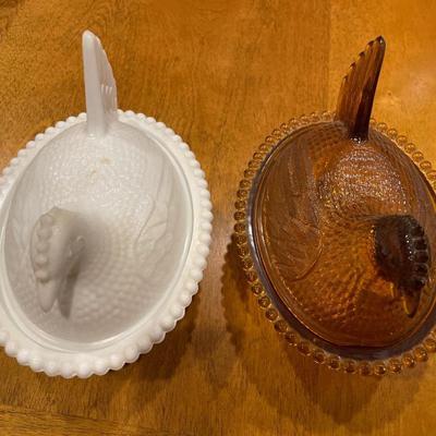 Milk and amber glass hen on nest