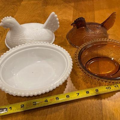 Milk and amber glass hen on nest