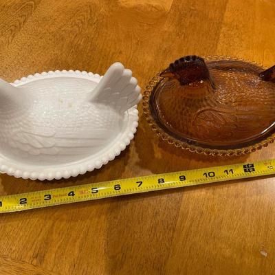 Milk and amber glass hen on nest