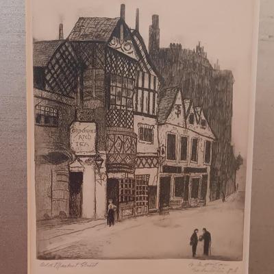 OLD ETCHING TITLED "OLD MARKET STREET" PURCHASED IN ENGLAND