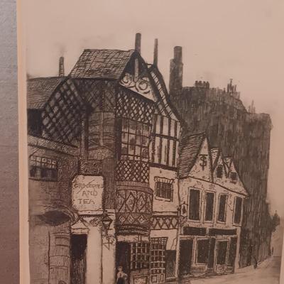 OLD ETCHING TITLED "OLD MARKET STREET" PURCHASED IN ENGLAND