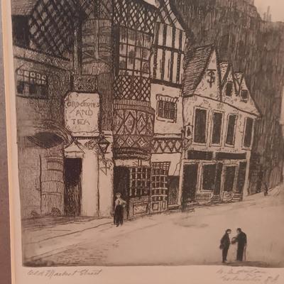 OLD ETCHING TITLED "OLD MARKET STREET" PURCHASED IN ENGLAND