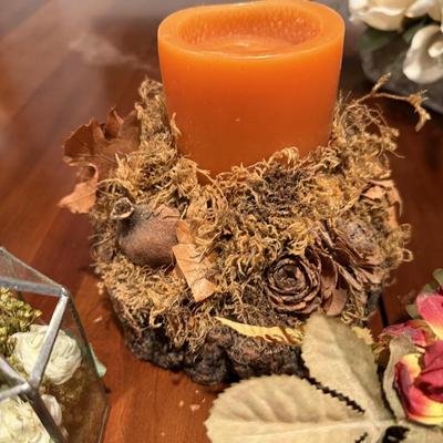 One fall candle decor and two faux arrangements