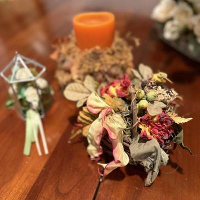One fall candle decor and two faux arrangements