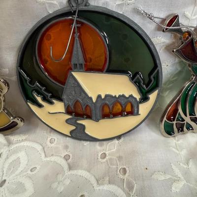 Vtg Russ Berrie Holiday faux stain glas ornament lot of 4